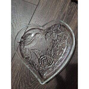 Glass Etched Crystal Heart Tray Dish Trinket Hummingbird Flowers Cottagecore